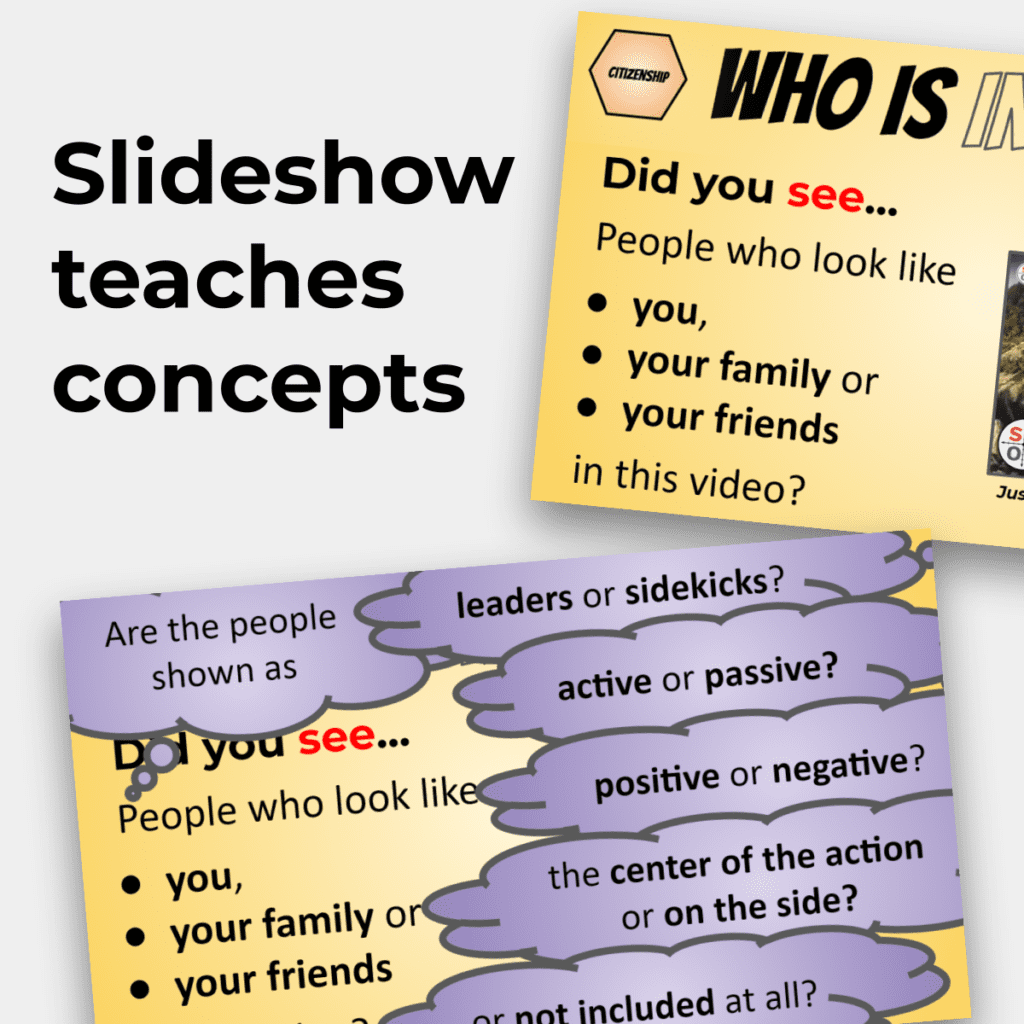 Slideshow teaches concepts. Do you see people who look like you, your family or your friends in this video?